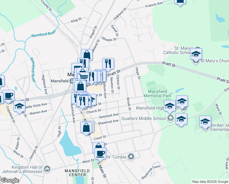 map of restaurants, bars, coffee shops, grocery stores, and more near 94 Pleasant Street in Mansfield