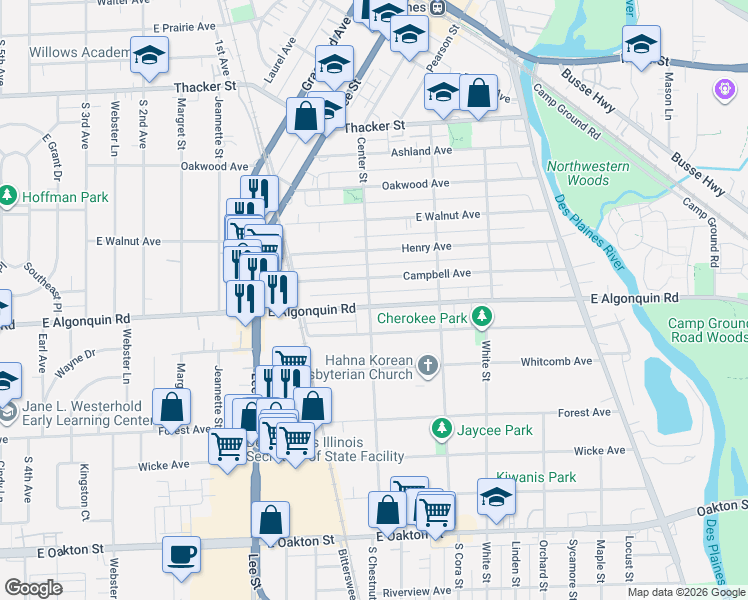 map of restaurants, bars, coffee shops, grocery stores, and more near 1195 Center Street in Des Plaines