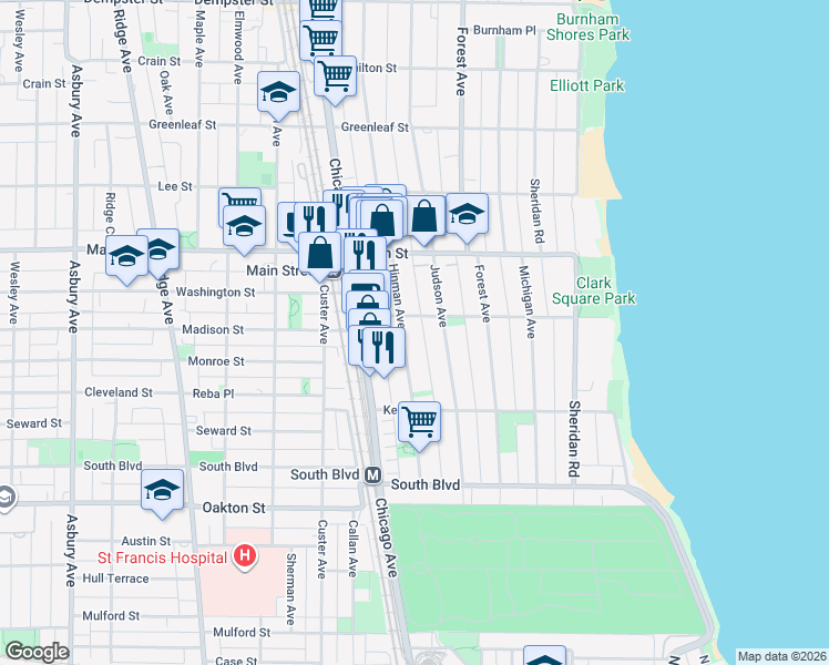 map of restaurants, bars, coffee shops, grocery stores, and more near 735 1/2 Hinman Avenue in Evanston