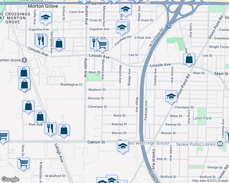 map of restaurants, bars, coffee shops, grocery stores, and more near 5815 Madison Street in Morton Grove