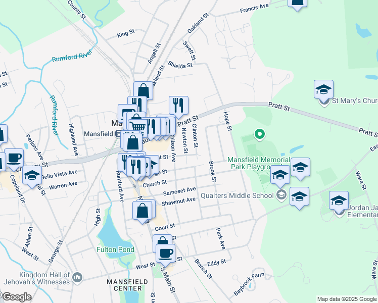 map of restaurants, bars, coffee shops, grocery stores, and more near 94 Pleasant Street in Mansfield