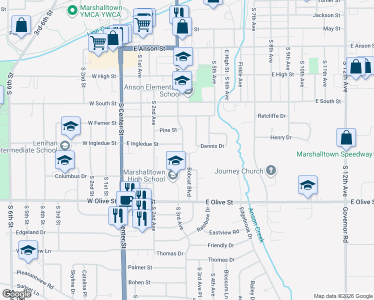 map of restaurants, bars, coffee shops, grocery stores, and more near 1404 South 3rd Avenue in Marshalltown