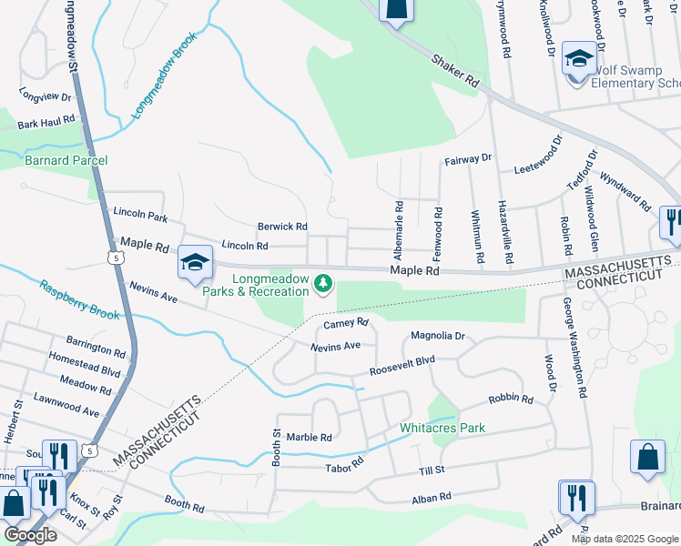 map of restaurants, bars, coffee shops, grocery stores, and more near 291 Maple Road in Longmeadow