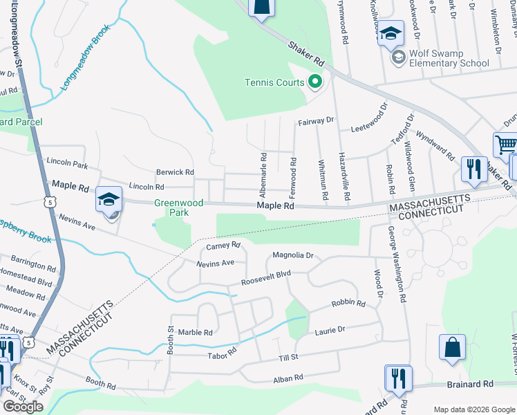 map of restaurants, bars, coffee shops, grocery stores, and more near 371 Maple Road in Longmeadow