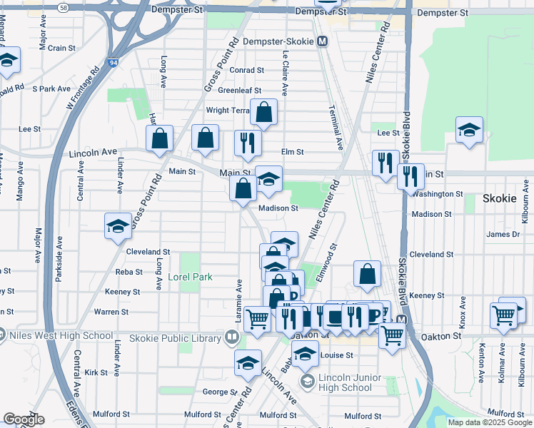 map of restaurants, bars, coffee shops, grocery stores, and more near 5155 Madison Street in Skokie