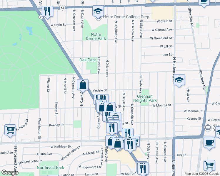 map of restaurants, bars, coffee shops, grocery stores, and more near 8301 North Oriole Avenue in Niles