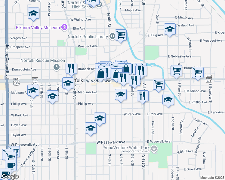 map of restaurants, bars, coffee shops, grocery stores, and more near 125 South 4th Street in Norfolk