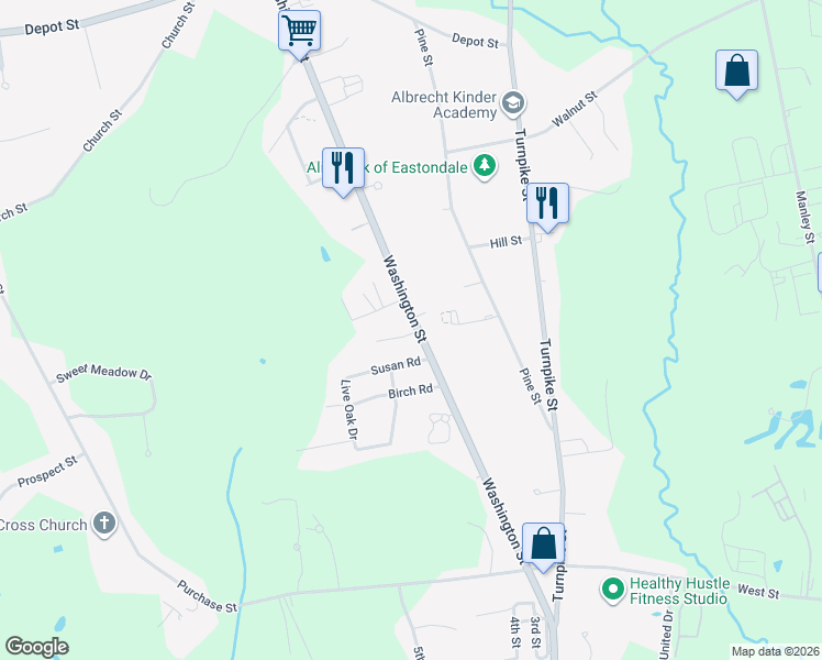 map of restaurants, bars, coffee shops, grocery stores, and more near 847 Washington Street in Easton