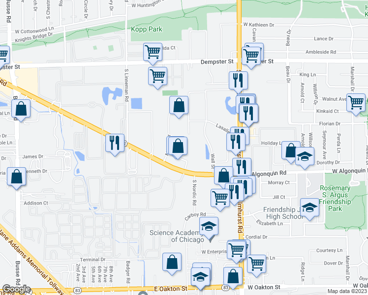 map of restaurants, bars, coffee shops, grocery stores, and more near 3033 Malmo Drive in Arlington Heights