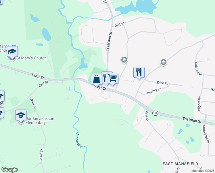 map of restaurants, bars, coffee shops, grocery stores, and more near 660 East Street in Mansfield