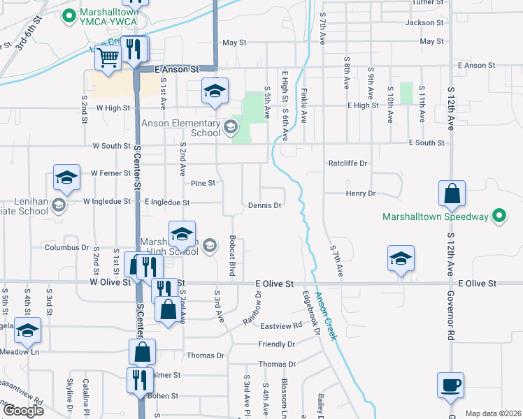 map of restaurants, bars, coffee shops, grocery stores, and more near 501 Dennis Drive in Marshalltown