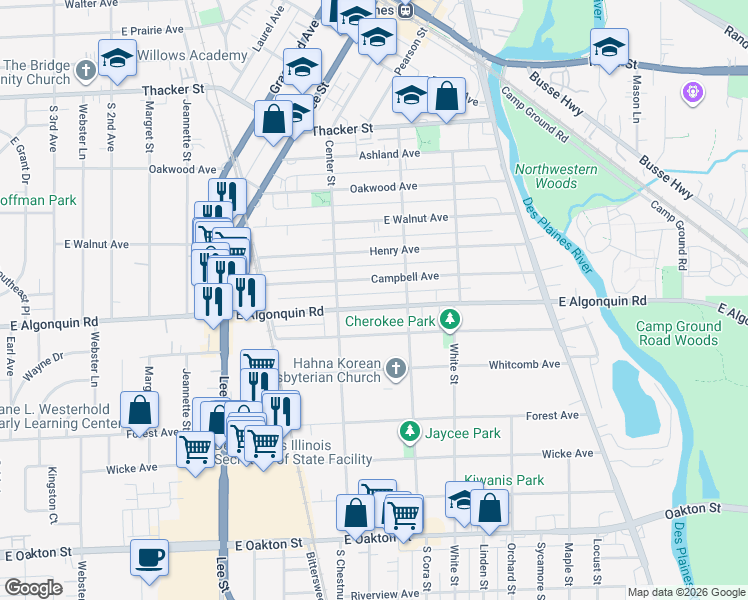 map of restaurants, bars, coffee shops, grocery stores, and more near 1452 East Algonquin Road in Des Plaines