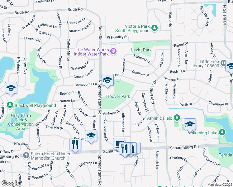 map of restaurants, bars, coffee shops, grocery stores, and more near 313 North Springinsguth Road in Schaumburg