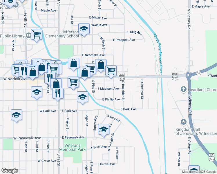 map of restaurants, bars, coffee shops, grocery stores, and more near 505 East Madison Avenue in Norfolk