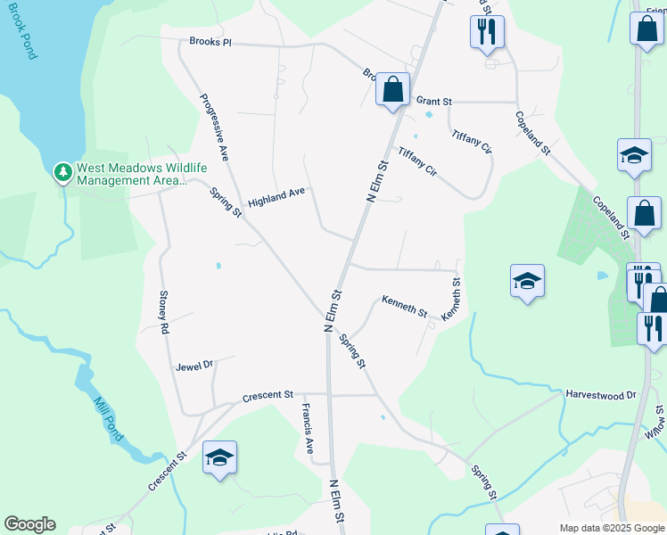 map of restaurants, bars, coffee shops, grocery stores, and more near 356 North Elm Street in West Bridgewater