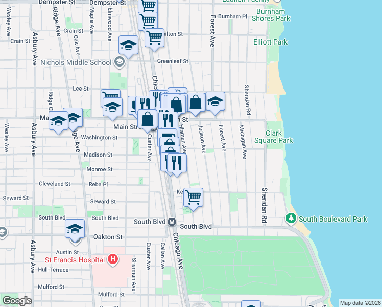 map of restaurants, bars, coffee shops, grocery stores, and more near 735 Hinman Avenue in Evanston