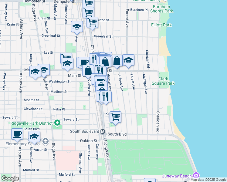 map of restaurants, bars, coffee shops, grocery stores, and more near 735 1/2 Hinman Avenue in Evanston