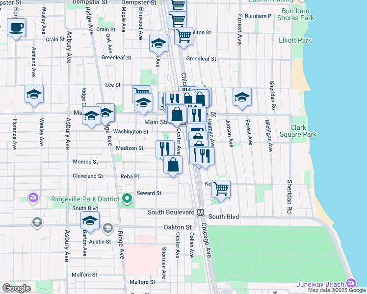 map of restaurants, bars, coffee shops, grocery stores, and more near 620 Madison Street in Evanston