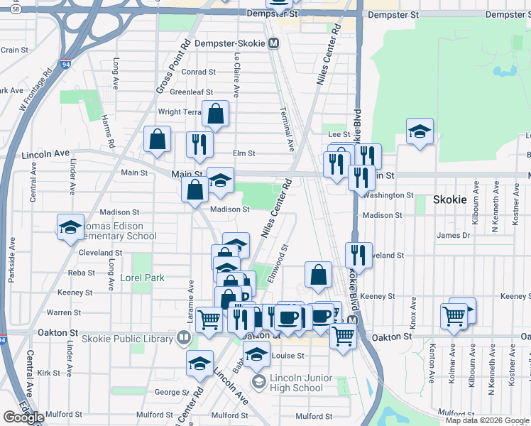 map of restaurants, bars, coffee shops, grocery stores, and more near 8260 Niles Center Road in Skokie
