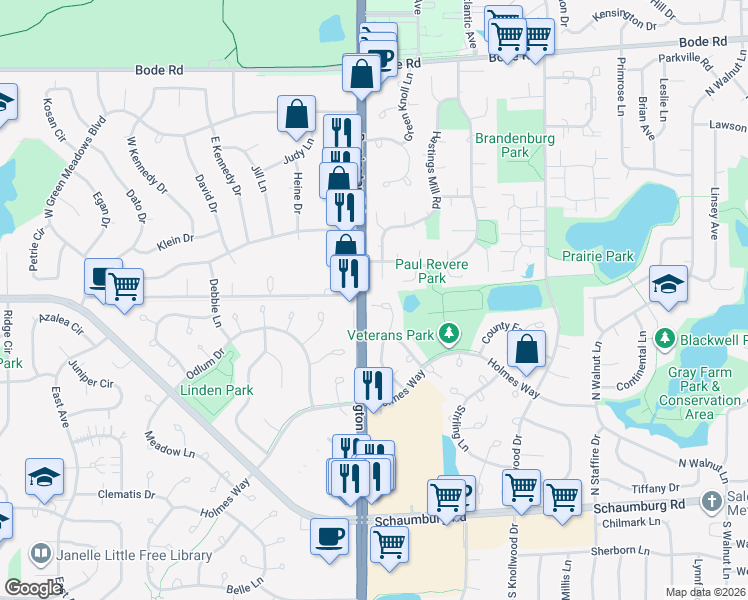 map of restaurants, bars, coffee shops, grocery stores, and more near 2791 Glasgow Court in Schaumburg