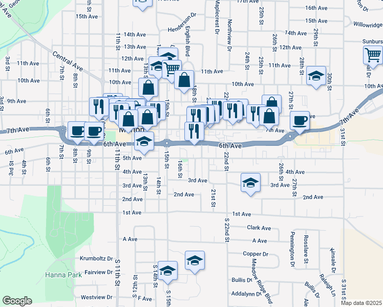 map of restaurants, bars, coffee shops, grocery stores, and more near 1780 5th Avenue in Marion