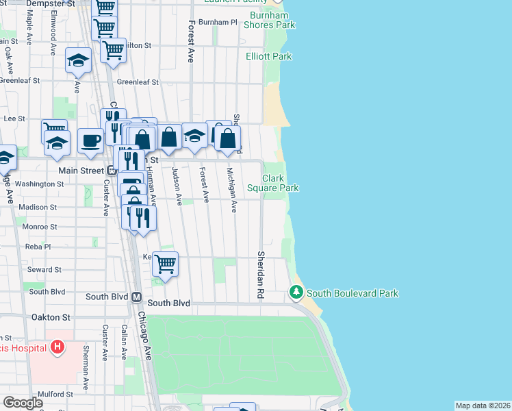 map of restaurants, bars, coffee shops, grocery stores, and more near 735 Sheridan Road in Evanston