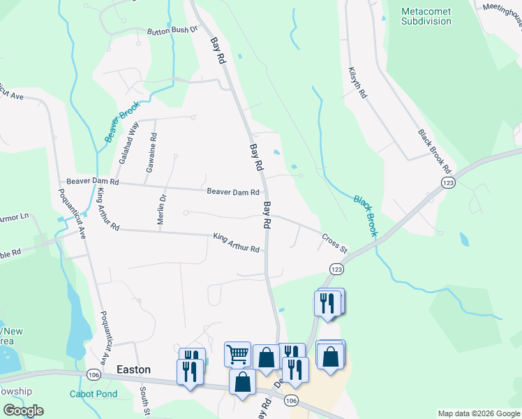 map of restaurants, bars, coffee shops, grocery stores, and more near 341 Bay Rd in Easton