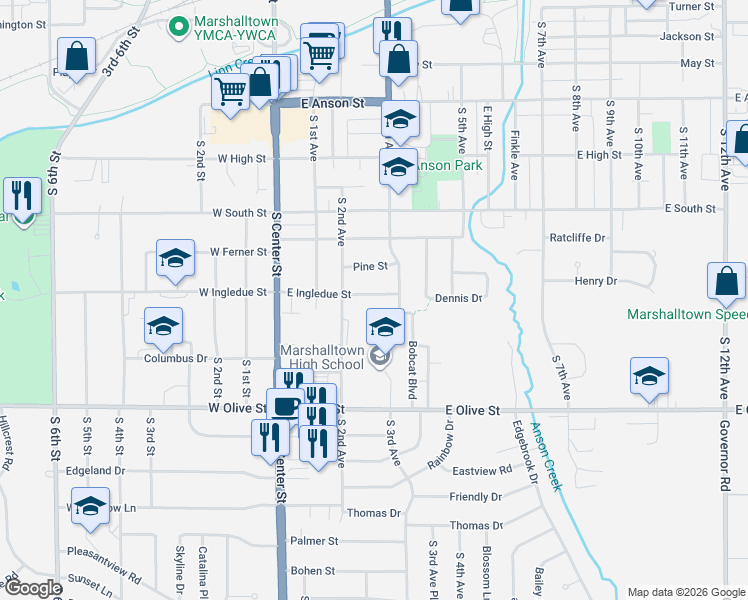 map of restaurants, bars, coffee shops, grocery stores, and more near 213 East Ingledue Street in Marshalltown