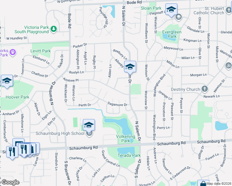 map of restaurants, bars, coffee shops, grocery stores, and more near 905 Aimtree Place in Schaumburg