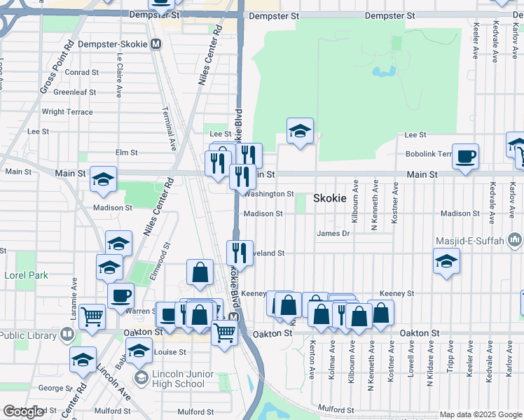 map of restaurants, bars, coffee shops, grocery stores, and more near 4720 Madison Street in Skokie