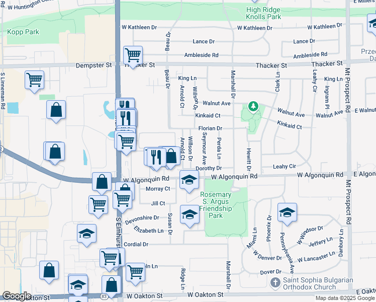 map of restaurants, bars, coffee shops, grocery stores, and more near 1104 Willson Drive in Des Plaines