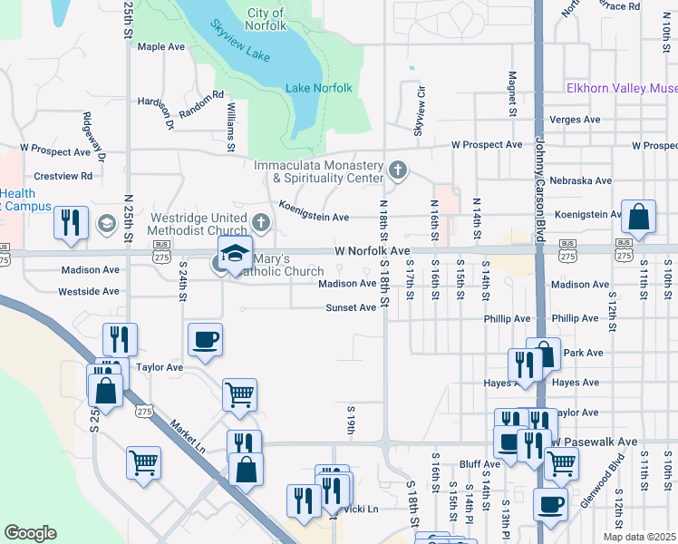 map of restaurants, bars, coffee shops, grocery stores, and more near 20th Drive in Norfolk