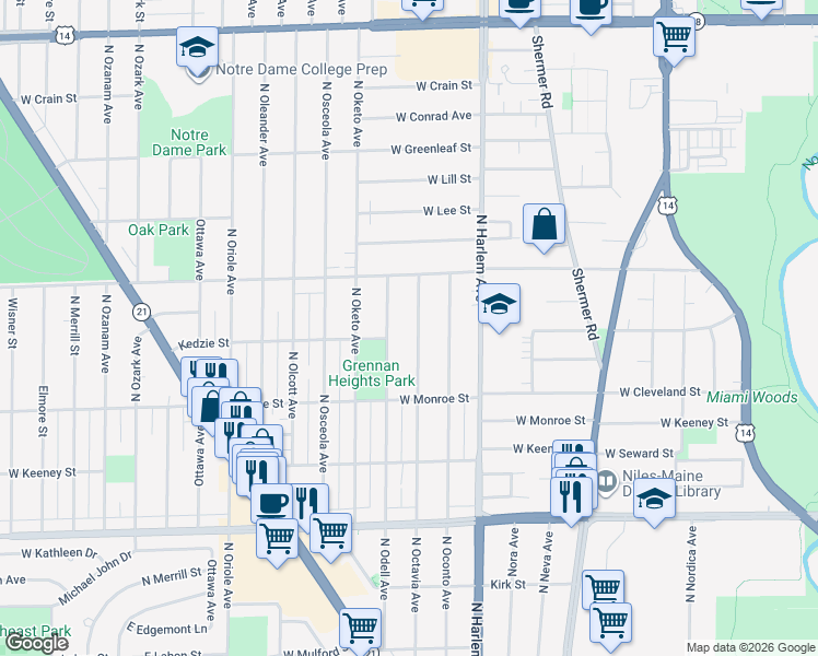 map of restaurants, bars, coffee shops, grocery stores, and more near 8259 North Octavia Avenue in Niles