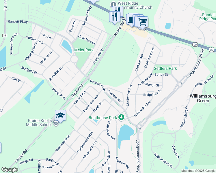 map of restaurants, bars, coffee shops, grocery stores, and more near 3142 Valley Falls Street in Elgin