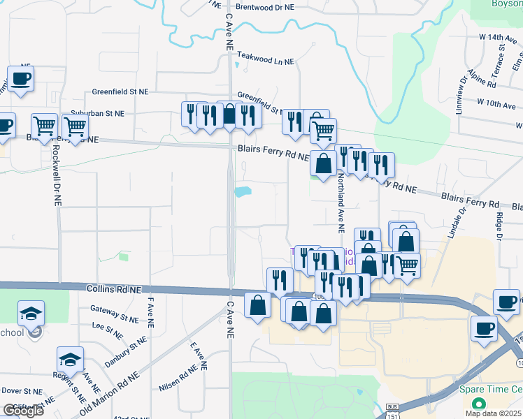 map of restaurants, bars, coffee shops, grocery stores, and more near 5350 C Avenue Northeast in Cedar Rapids