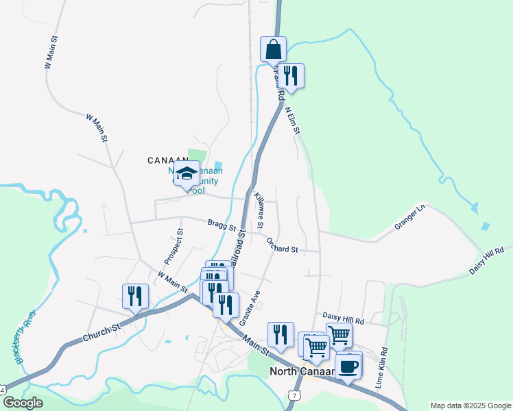 map of restaurants, bars, coffee shops, grocery stores, and more near 170 Railroad Street in Canaan