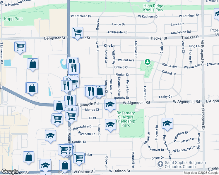 map of restaurants, bars, coffee shops, grocery stores, and more near 1104 Willson Drive in Des Plaines