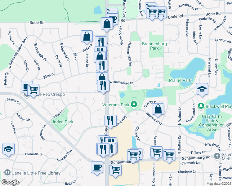 map of restaurants, bars, coffee shops, grocery stores, and more near 311 Glasgow Lane in Schaumburg