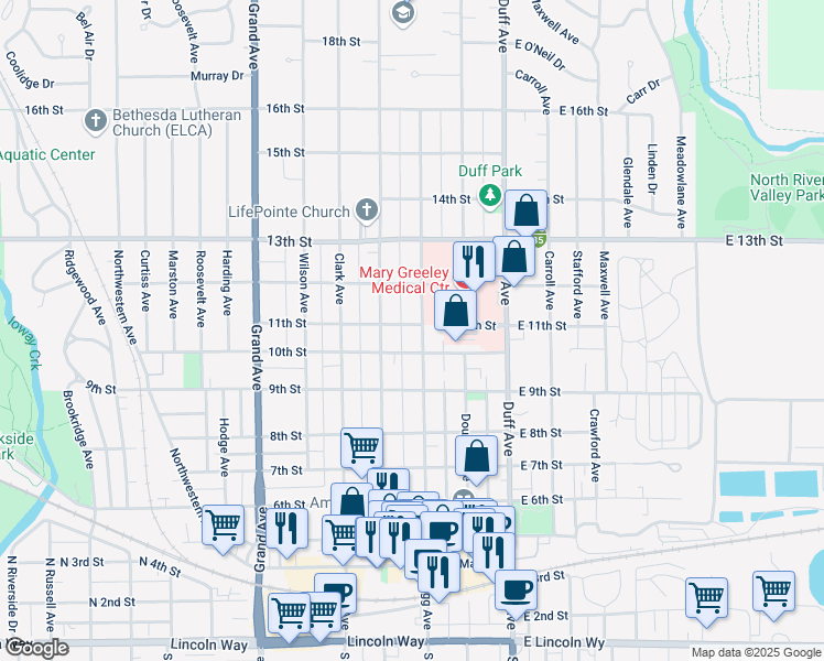 map of restaurants, bars, coffee shops, grocery stores, and more near 313 10th Street in Ames