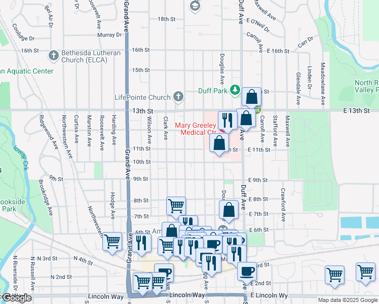 map of restaurants, bars, coffee shops, grocery stores, and more near 313 10th Street in Ames
