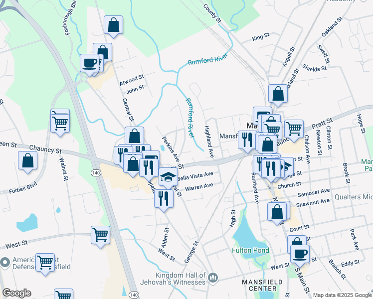 map of restaurants, bars, coffee shops, grocery stores, and more near 11 Morrow Street in Mansfield