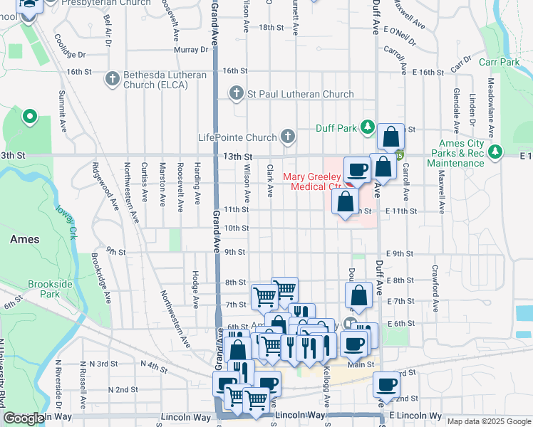 map of restaurants, bars, coffee shops, grocery stores, and more near 1002 Wilson Avenue in Ames