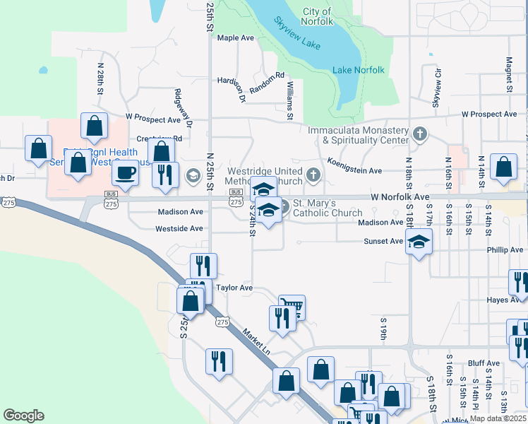 map of restaurants, bars, coffee shops, grocery stores, and more near 2300 Madison Avenue in Norfolk