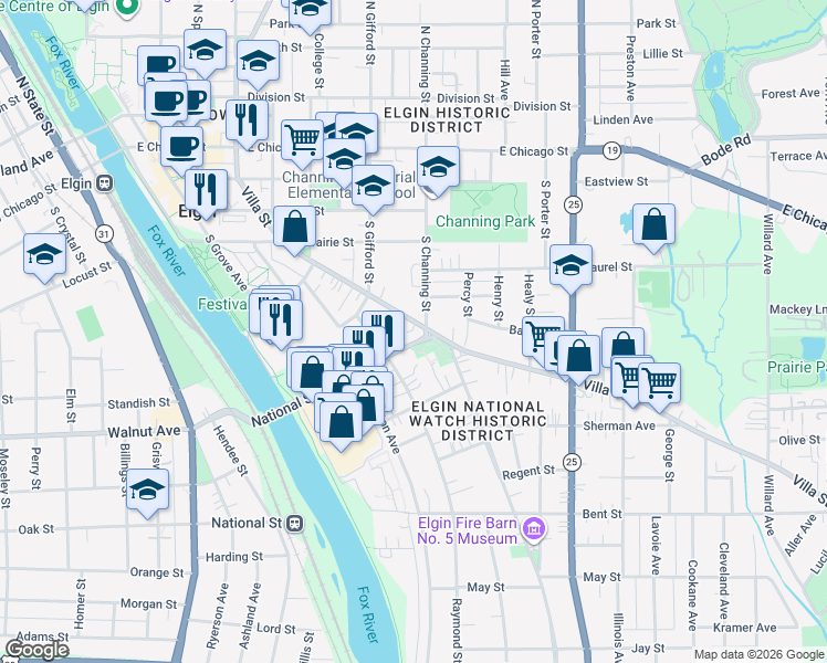 map of restaurants, bars, coffee shops, grocery stores, and more near East National Street in Elgin