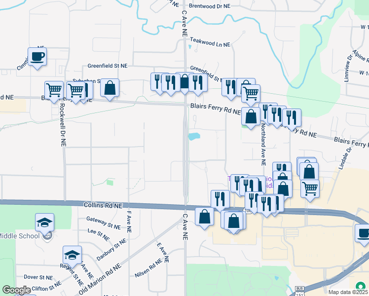 map of restaurants, bars, coffee shops, grocery stores, and more near 5350 C Avenue Northeast in Cedar Rapids