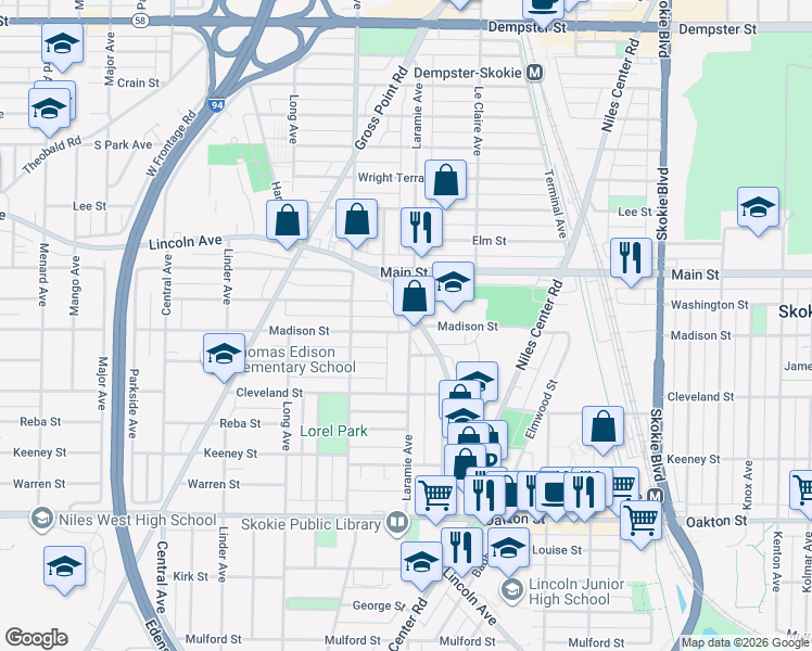 map of restaurants, bars, coffee shops, grocery stores, and more near 5205 Madison Street in Skokie
