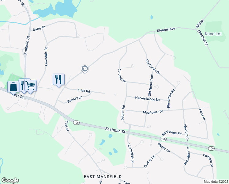 map of restaurants, bars, coffee shops, grocery stores, and more near 21 Erick Road in Mansfield