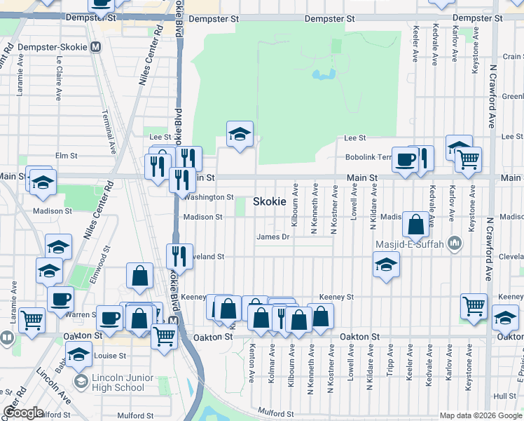 map of restaurants, bars, coffee shops, grocery stores, and more near 8252 Kenton Avenue in Skokie
