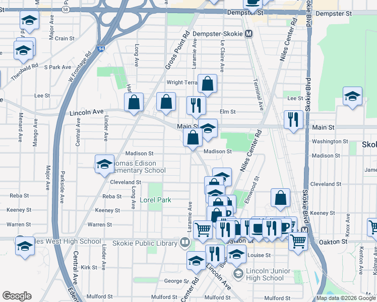 map of restaurants, bars, coffee shops, grocery stores, and more near 5205 Madison Street in Skokie