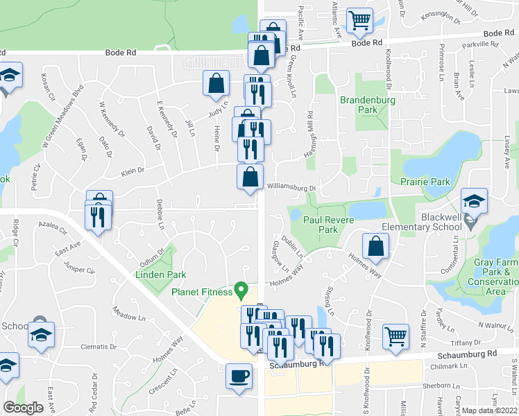 map of restaurants, bars, coffee shops, grocery stores, and more near Barrington Rd & W Schaumburg Rd in Streamwood